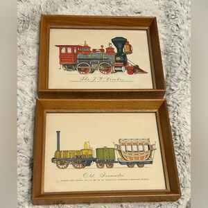 Vintage Evelyn Curro (?) Train Art Prints in Wooden Frames